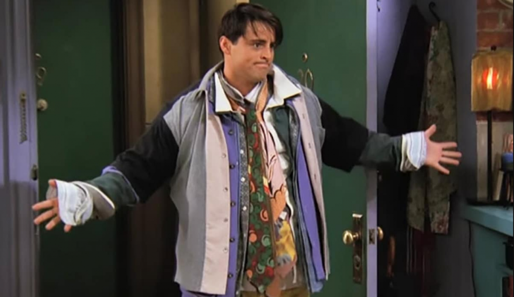 Scene from sitcom Friends with character Joey wearing all items of clothing of character Chandler