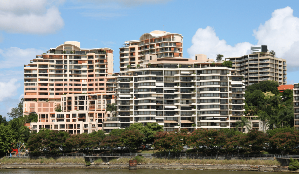 Looking over Brisbane River to apartment buildings at Southbank, Brisbane