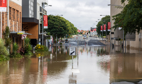 Outlook of a flooded street in South Bank, Brisbane.