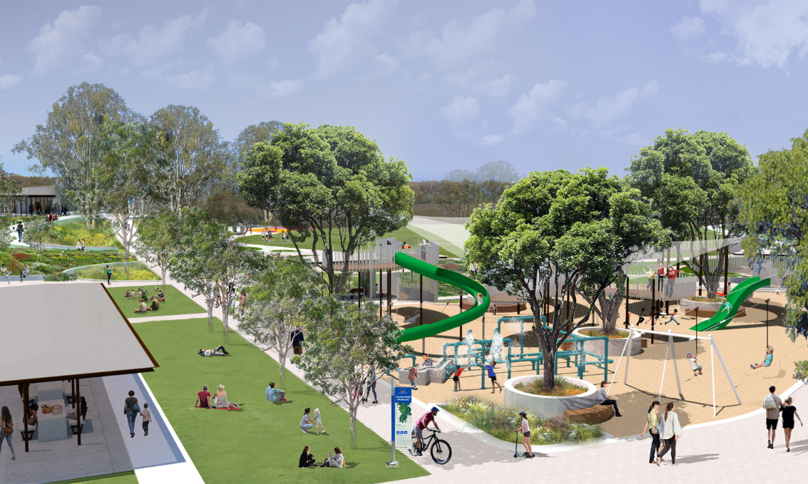 Artist Impression of waterplay playground and green oval surrounding by Australian native trees