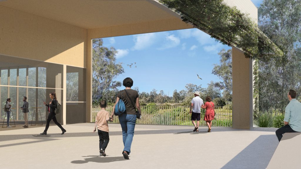 Artist impression of visitors walking past and into community centre building that is modern and covered in greenery along the entrance roof.