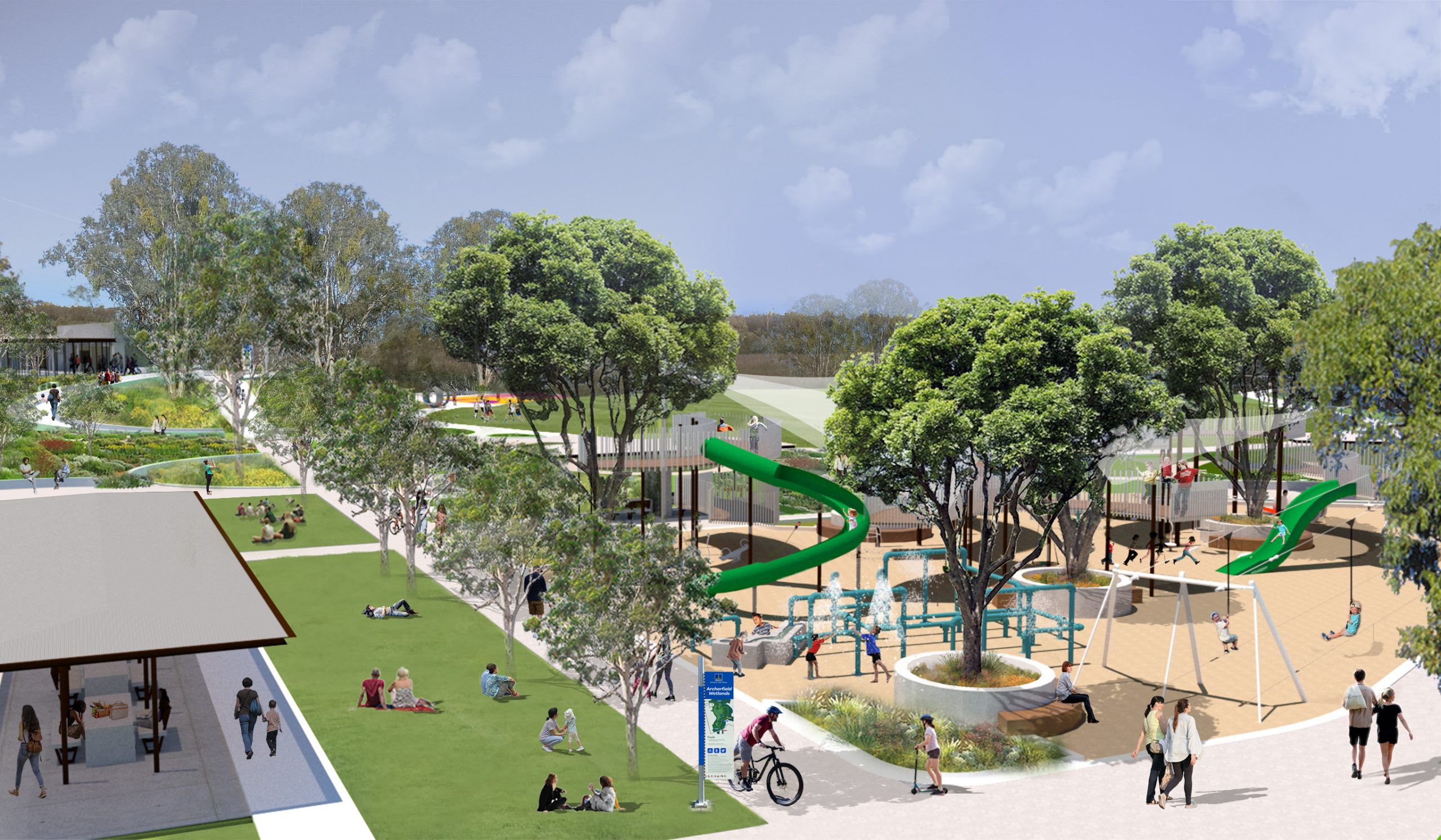 Artists impression of children playing soccer on a field with a playground and community centre in the background through a rugged Australian flora landscape.
