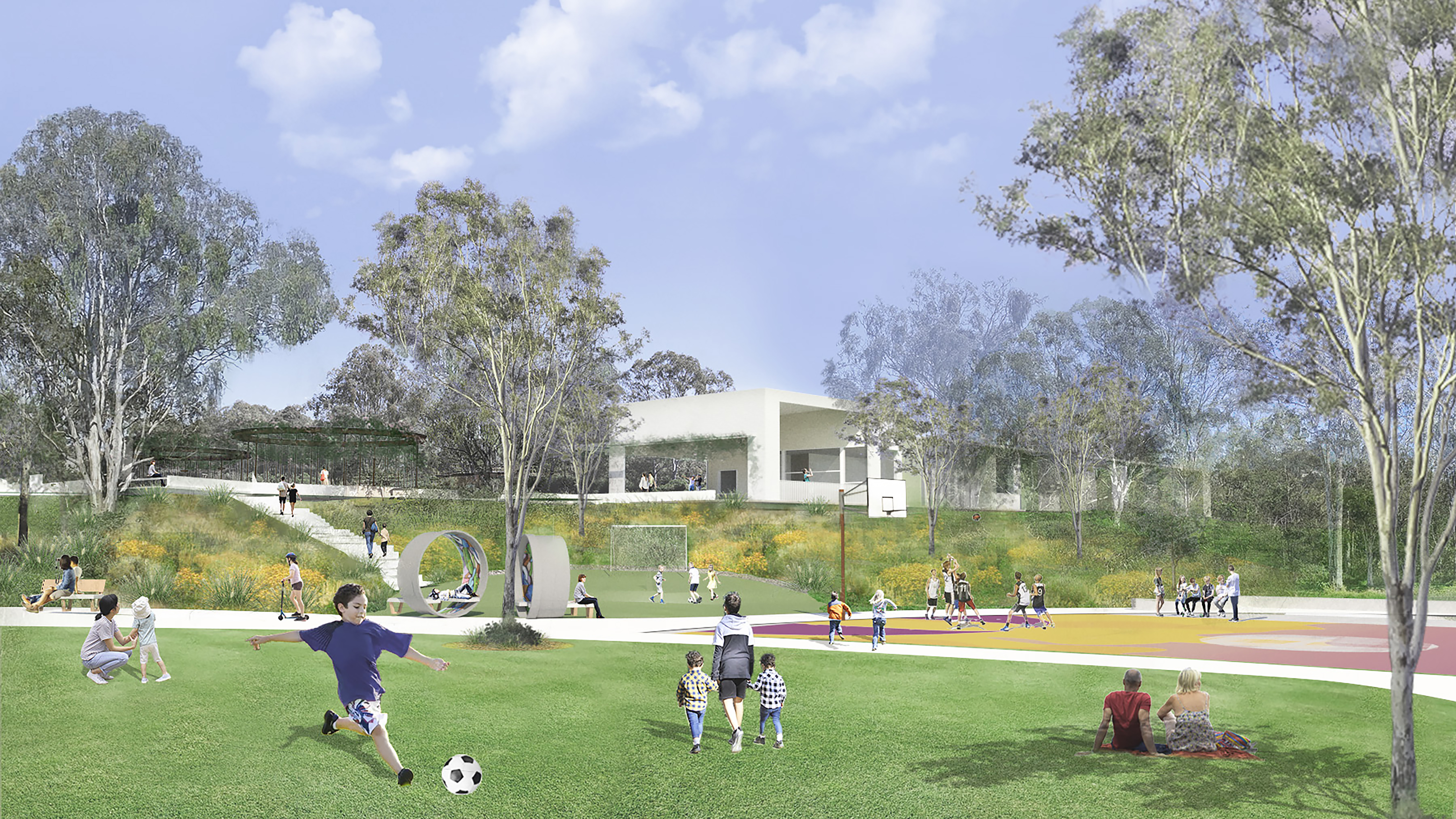 Artist Impression of waterplay playground and green oval surrounding by Australian native trees.