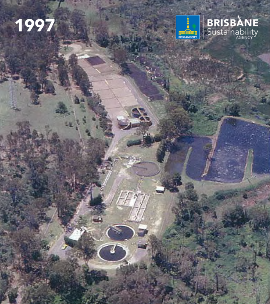 Birds-eye-view image of the wastewater treatment plant in Archerfield Wetlands taken in 1997.