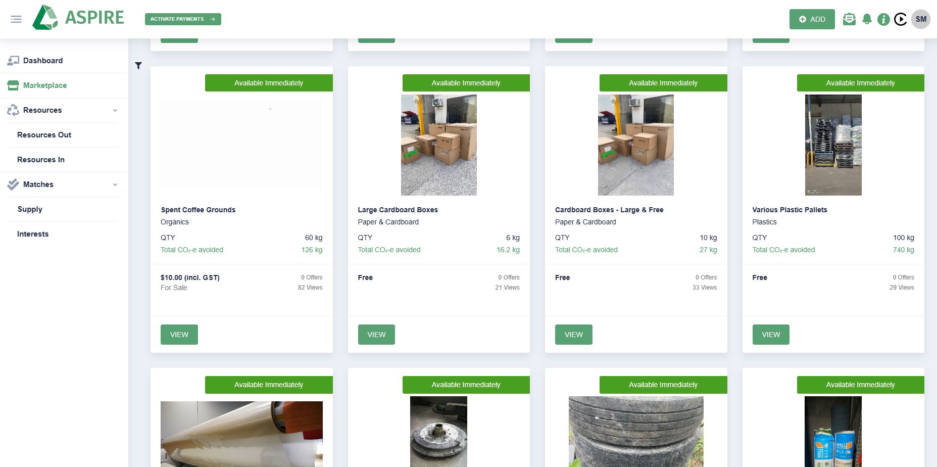 A screenshot of the ASPIRE platform marketplace with many different products listed for free or for sale.