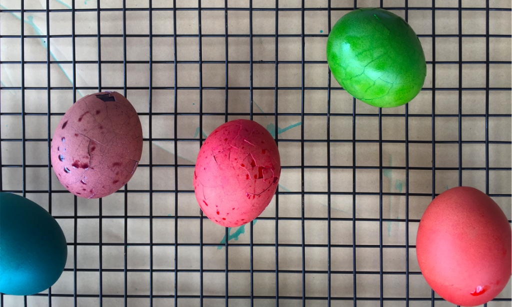 Dyed Easter eggs drying