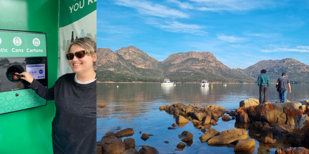 Two images of BSA staff member, Georgina, first dropping off containers at Container Exchange and second, hiking next to a lake in Tasmania.