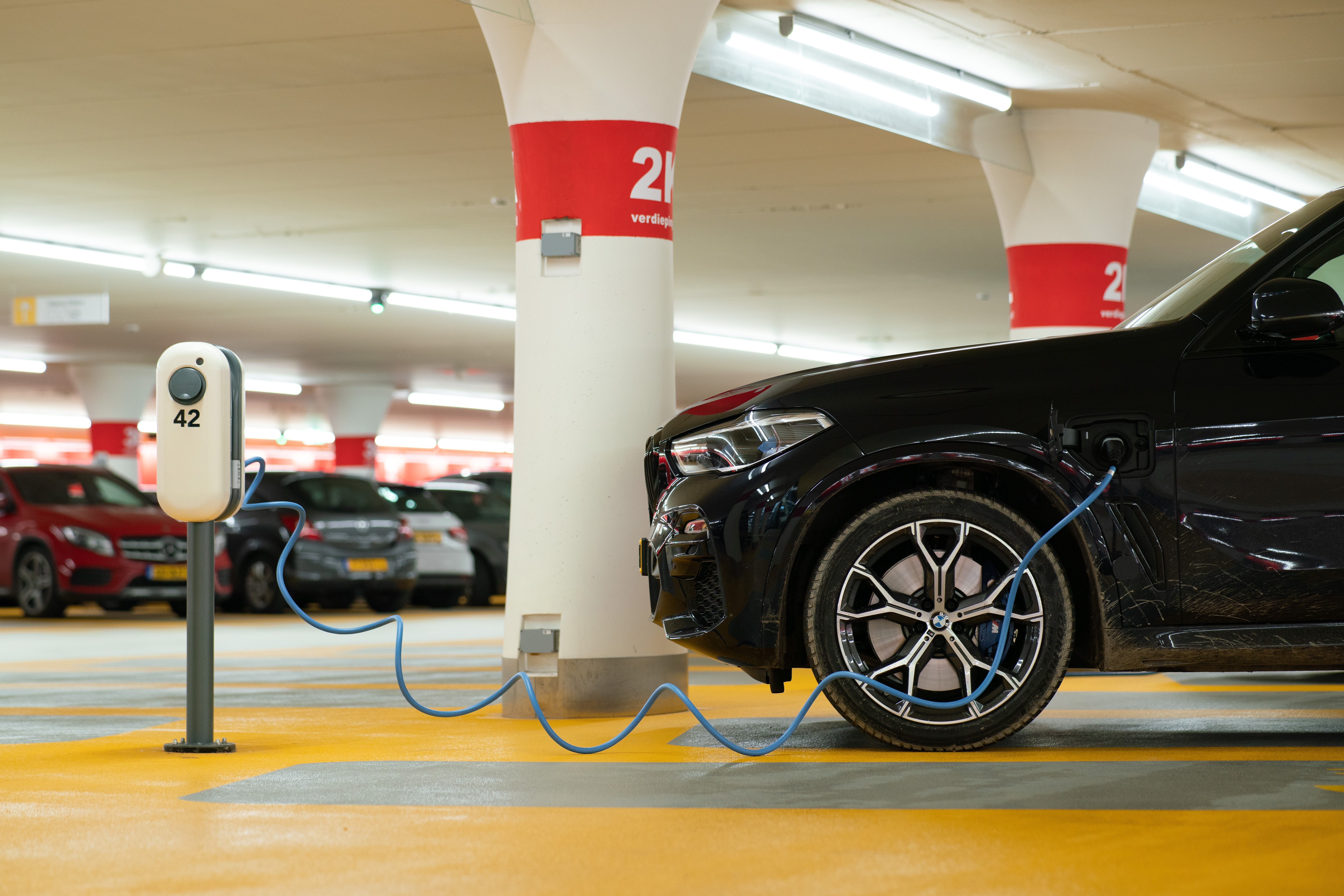 Electric car charging in public garage
