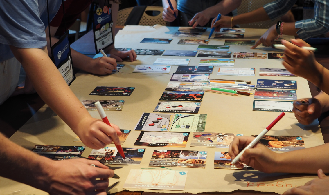 A series of cards situated on butchers paper to represent different climate science processes, with various hands connecting and drawing on the paper.