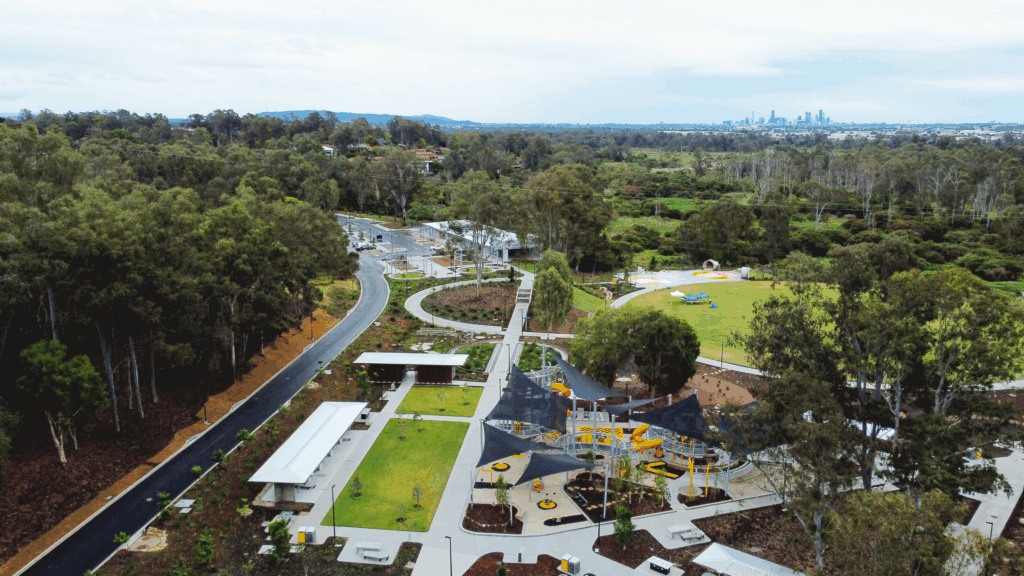 Aerial view towards Archerfield Wetlands Parkland and Archerfield Wetlands District Park