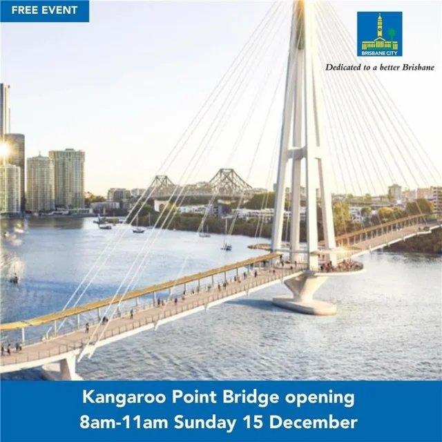 Save the date 📅 The Kangaroo Point Bridge is opening on Sunday 15 December 2024 and you’re invited to be one of the first to walk, ride or scoot across Brisbane’s new iconic landmark.  

Join us from 8-11am as we celebrate the opening of Brisbane’s newest bridge with free family-friendly entertainment including roving performers, musicians and a Welcome to Country ceremony. 

As part of the Kangaroo Point Bridge opening, some local businesses have exclusive offers so click the link in bio to check out the special deals! 

This is a public and active transport event, so ride, walk or catch public transport to the event. Plan your journey with @translinkqld 

#kangaroopoint #kp #newbridge #activetravel #commute  #livemusic #brisbane #brisbetter #sustainableliving #sustainablebne